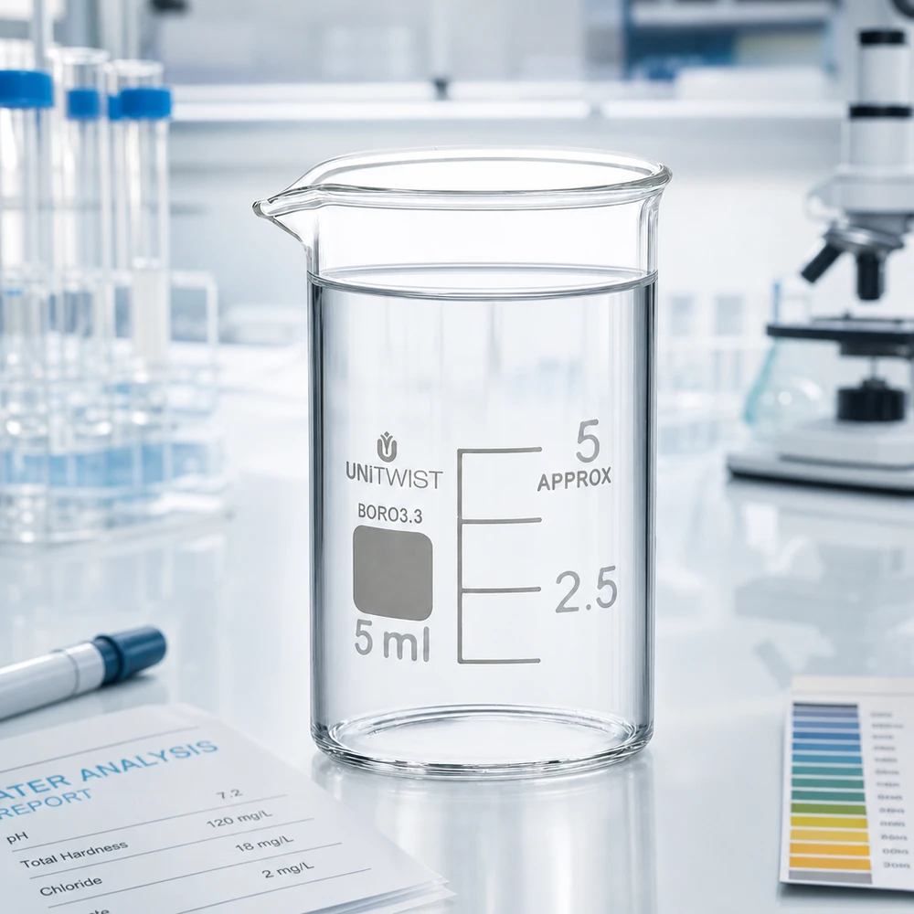 UNiTWIST Boccetta in vetro borosilicato 3.3 da 5 ml, forma bassa, con rapporto di analisi dell'acqua effettuato in laboratorio