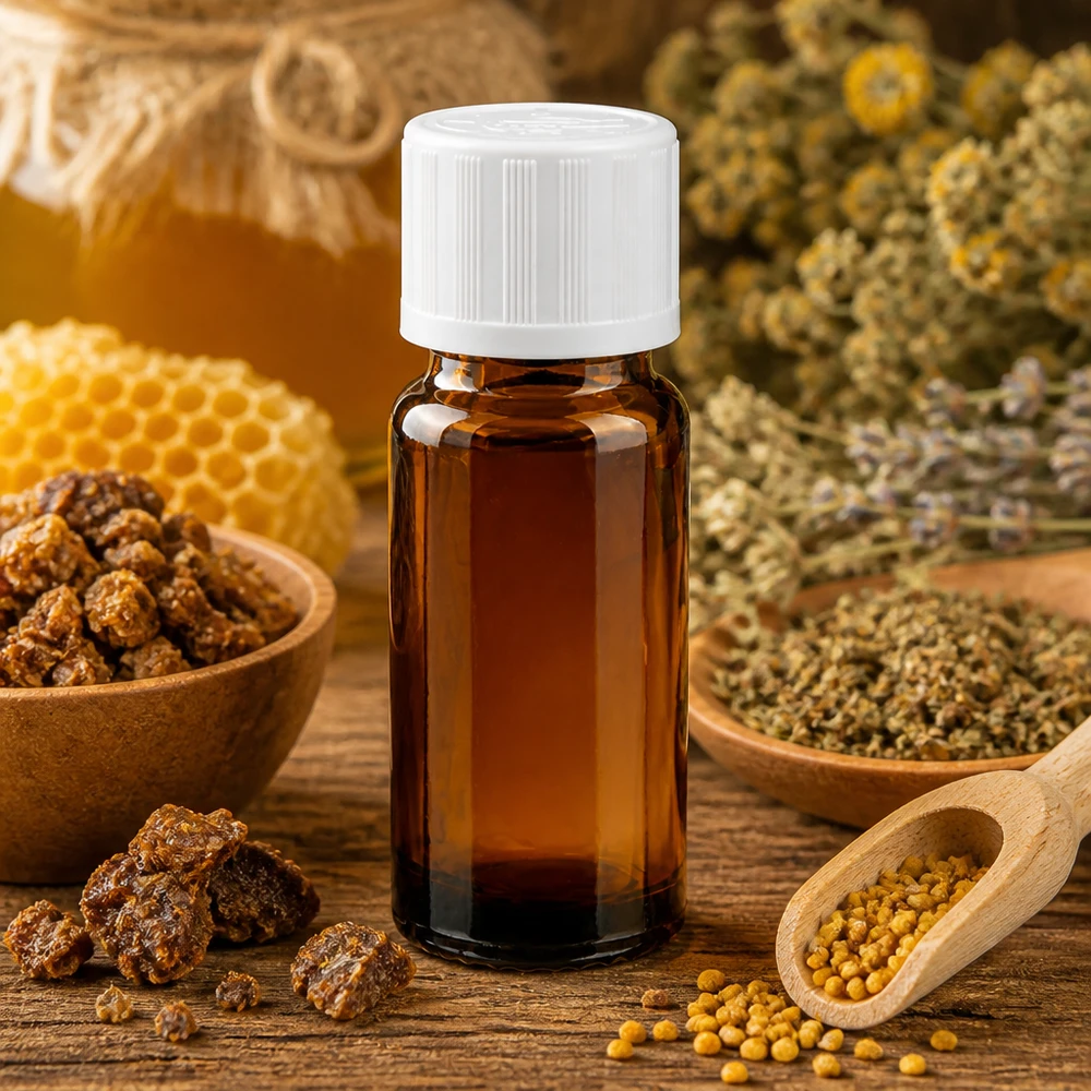 Flacone da farmacia da 10 ml marrone con tappo di sicurezza per bambini bianco, accanto a un motivo a nido d'ape e propoli