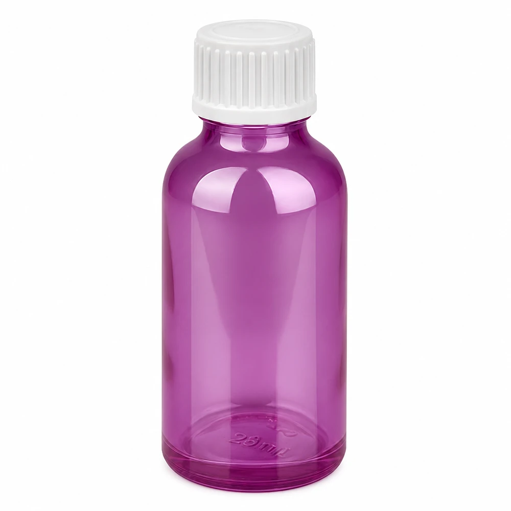Flacone dosatore piccolo da 30 ml in viola con tappo contagocce bianco da 0,9 mm.