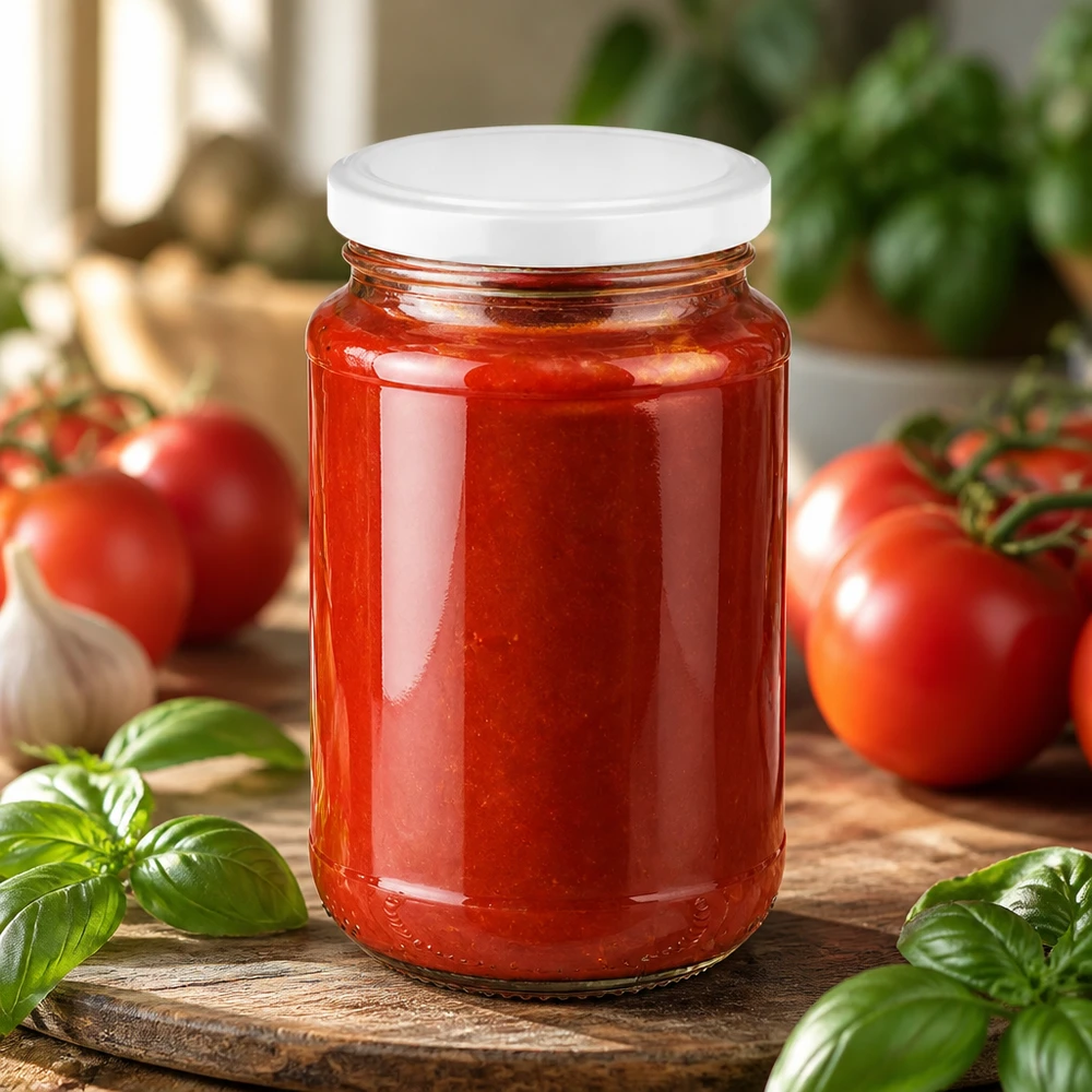 Vaso di vetro rotondo UNiTWIST da 320 ml con coperchio BasicSeal bianco per conservare la salsa di pomodoro fresca al basilico