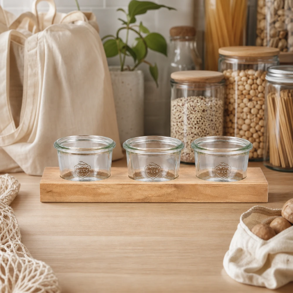 Tavola da portata sostenibile Plano3 con 3 bicchieri vuoti Weck da 80 ml in cucina a rifiuti zero con barattoli di stoccaggio
