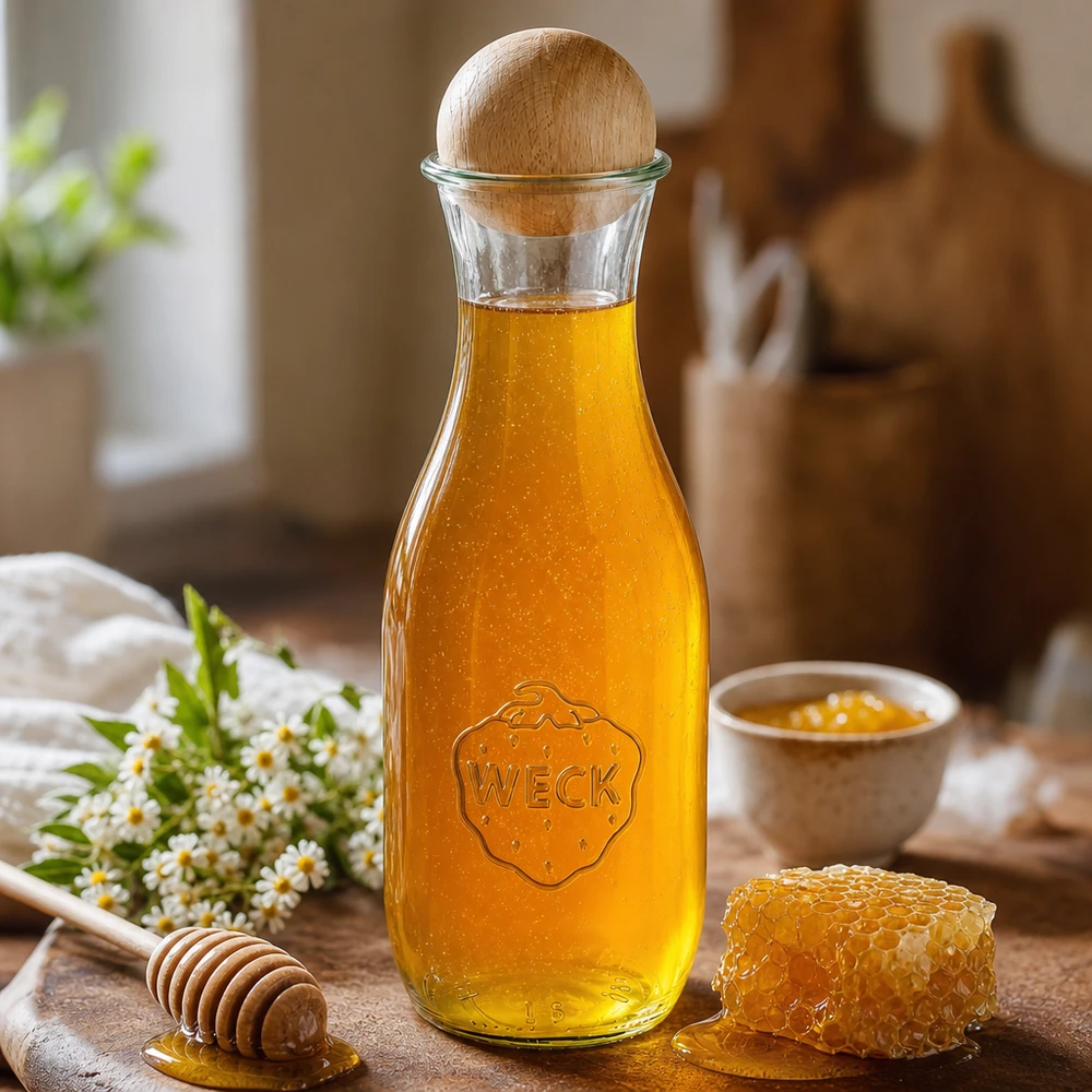 Bottiglia di succo WECK da 1062 ml riempita di miele accanto a un cucchiaio da miele in legno a nido d'ape e fiori di camomilla su un tavolo di legno