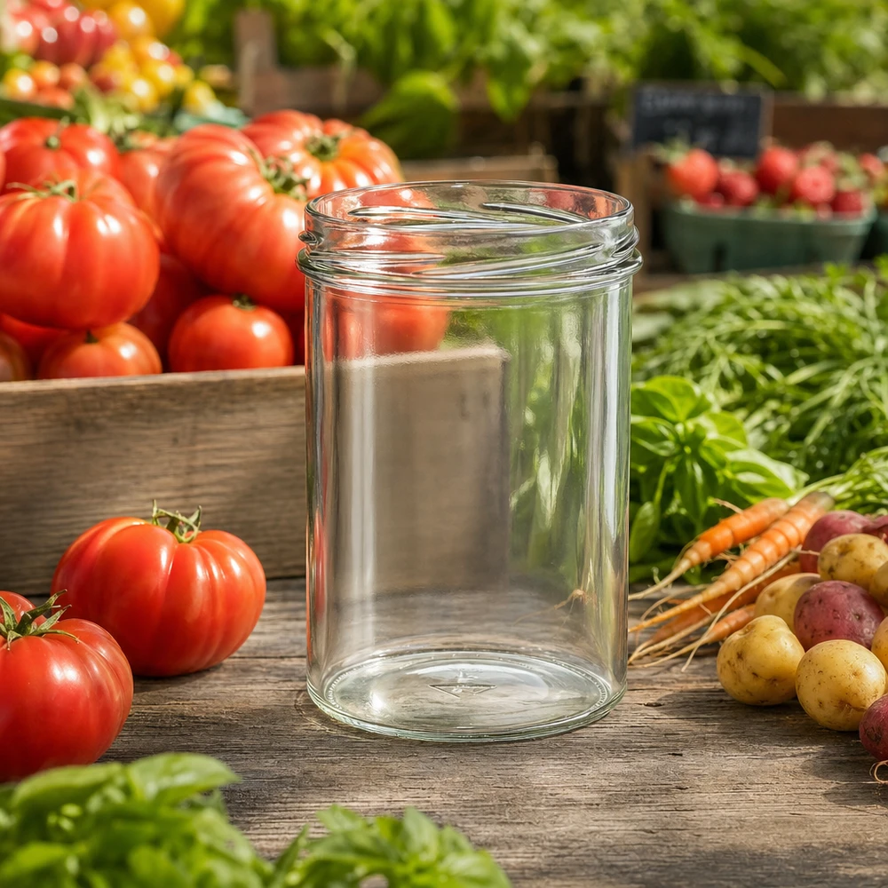 UNiTWIST Sturz435 - Bicchieri capacità 435ml TO82 UNiTWIST Sturz435 vaso per conserve 435ml TO82 su tavolo di legno con pomodori freschi carote ed erbe aromatiche in giardino