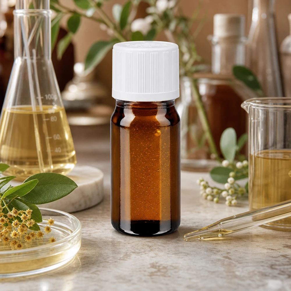 Bottiglia da farmacia marrone da 5ml. SV STD KiSi bianco/11 mm ApoGlas Flacone da farmacia marrone da 5 ml con tappo di sicurezza per bambini bianco, circondato da matracci da laboratorio e piante medicinali