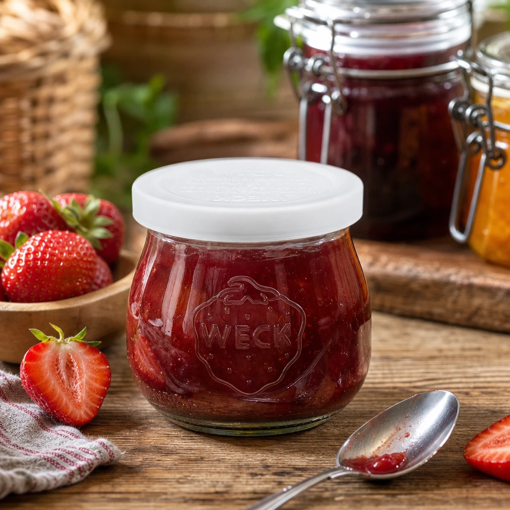 WECK Barattolo a tulipano da 75 ml riempito di marmellata di fragole accanto a fragole fresche su un tavolo di legno Barattolo da conserva RR40
