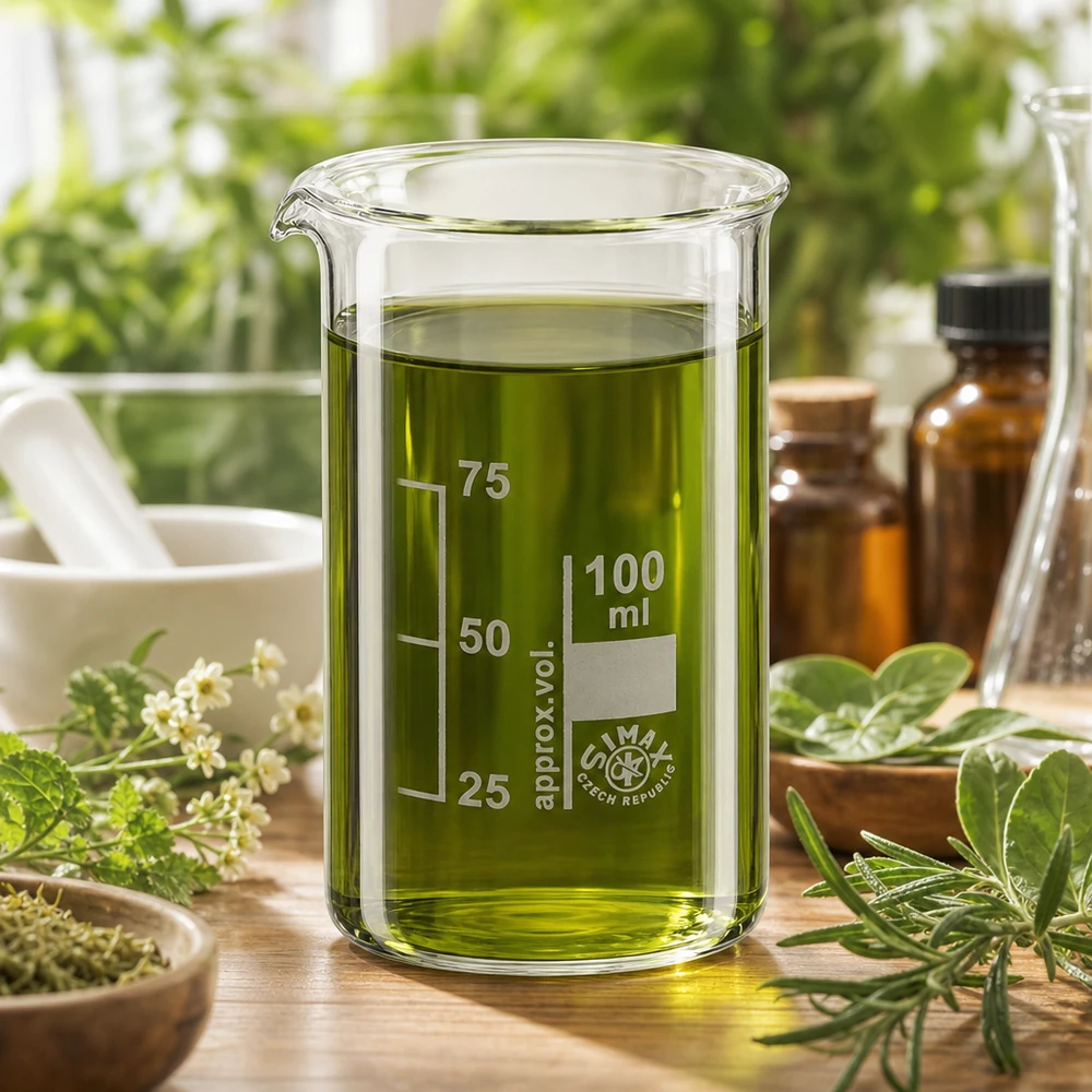 Bicchiere da laboratorio da 100 ml, forma alta, con estratto di erbe verde circondato da erbe medicinali fresche