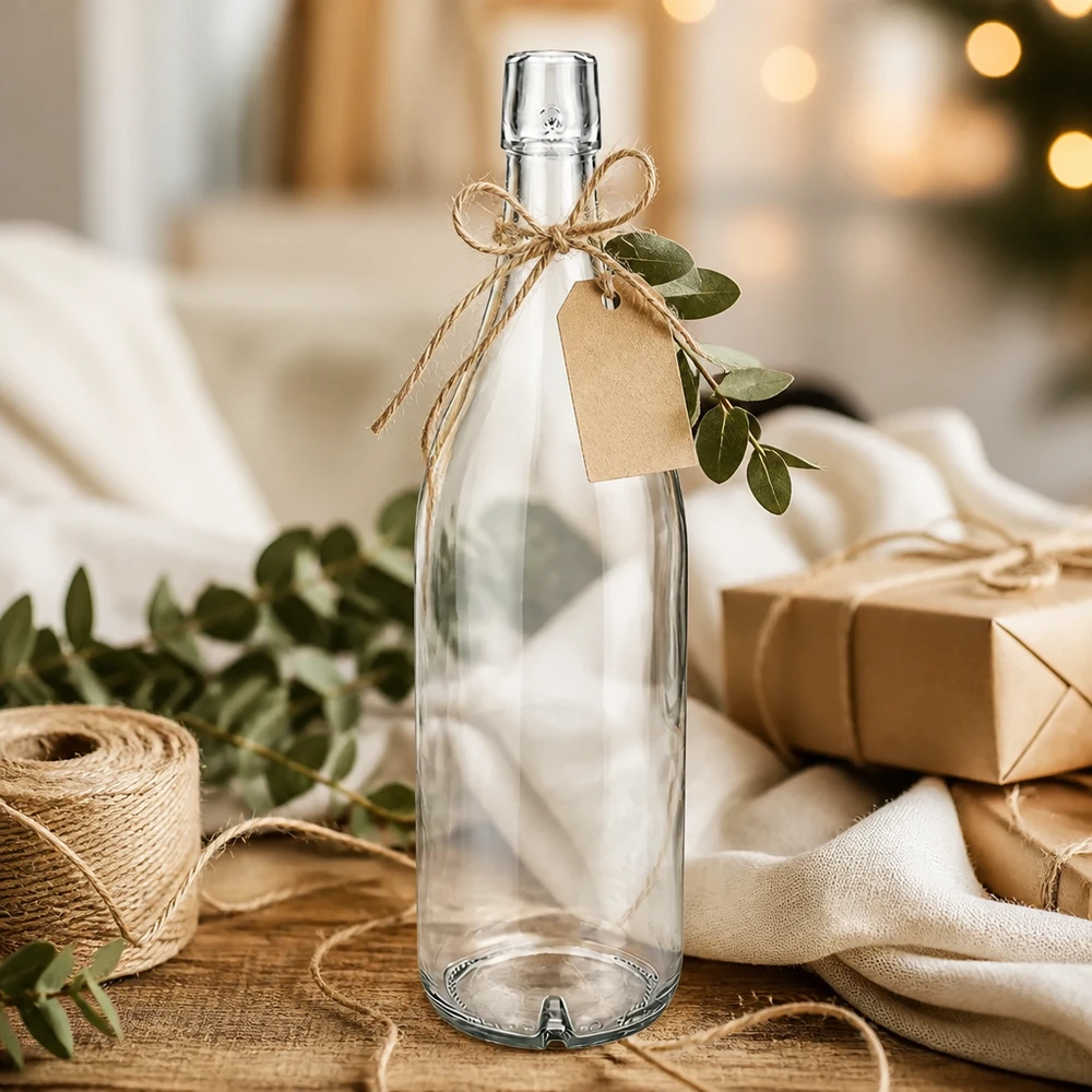 Bottiglia in vetro da 1000 ml UNiTWIST vuota decorata con cordino di iuta e targhetta regalo come idea regalo su base in legno