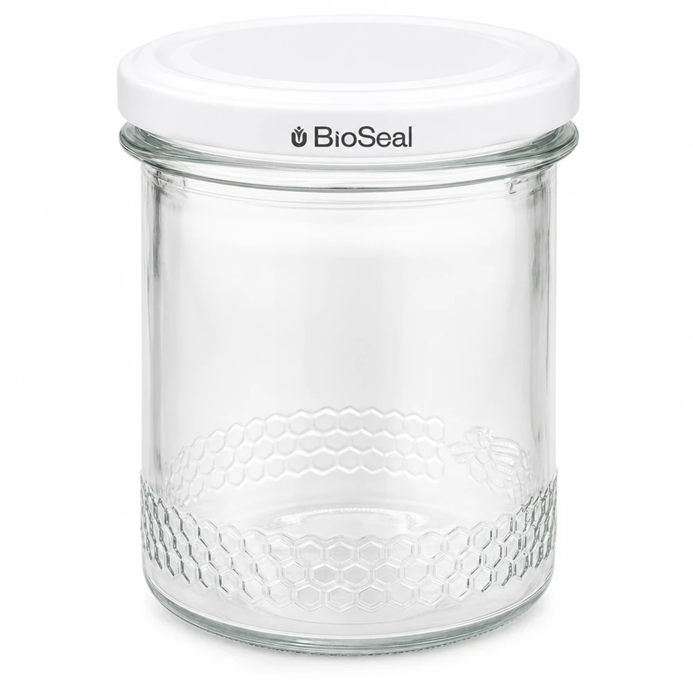 Vasetto per miele da 560 g con capsula bianca BioSeal UNiTWIST Vasetto per miele da 400 ml con coperchio bianco BioSeal UNiTWIST vasetto da conserva per apicoltura confezione in vetro
