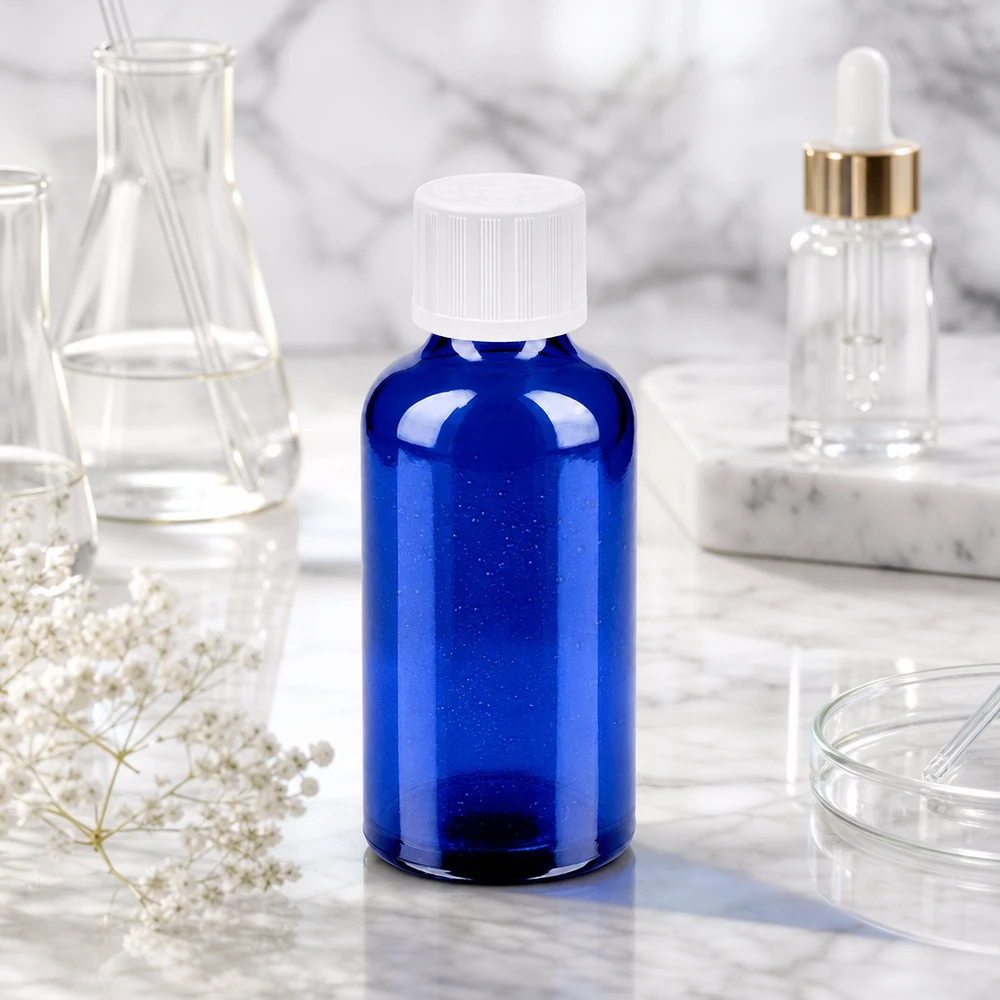 Flacone da 50ml 11mm SV w. STD KiSi BlueLine UT18/50 Bottiglia in vetro BlueLine da 50 ml UT18/50 con tappo a vite bianco per la conservazione sterile di liquidi