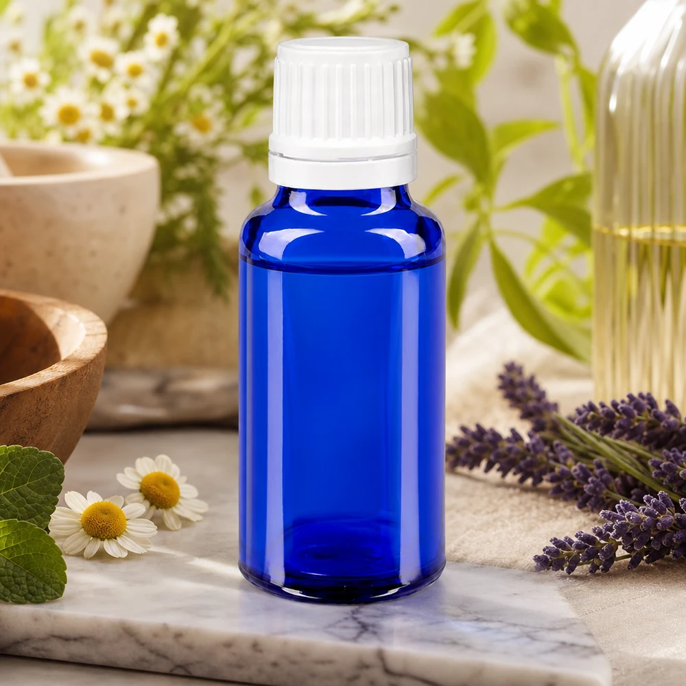 Fialetta blu da 20 ml con tappo contagocce bianco, circondata da lavanda, camomilla ed erbe fresche