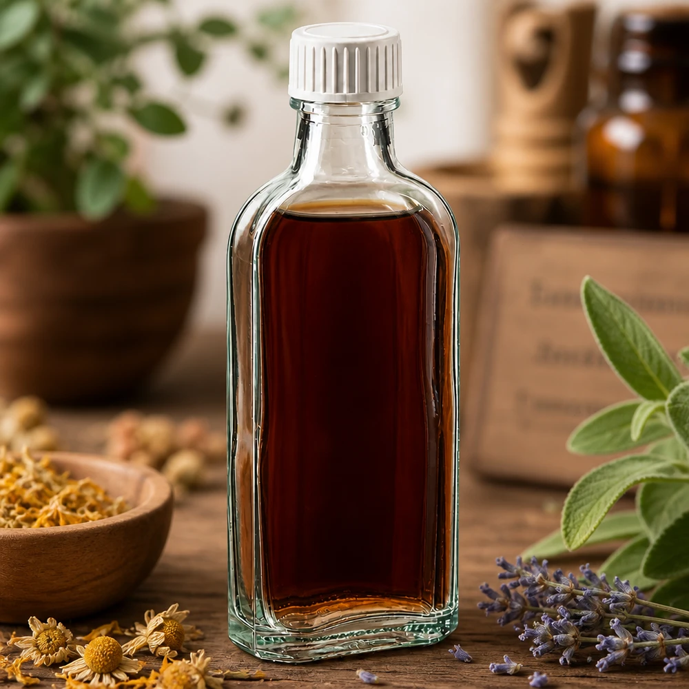 Tappo a vite trasparente Meplat da 100 ml con inserto in schiuma PE Tintura di erbe marrone in una bottiglia di vetro Meplat da 100 ml con tappo a vite bianco su un tavolo di legno