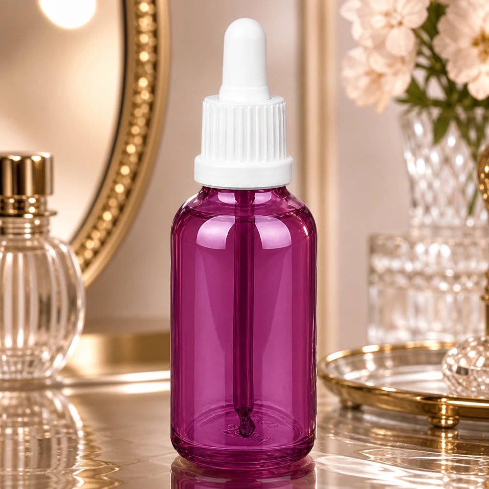 Bottiglia per pipette da 30 ml con tappo a vite bianco originalità PurpleLine UT18/30 Elegante flacone contagocce da 30 ml in viola con tappo a pipetta bianco opaco per un'elegante presentazione del prodotto