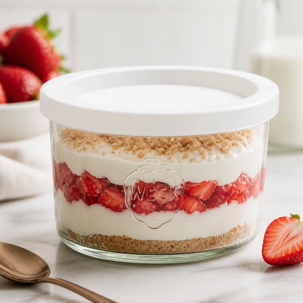 Bicchiere da 200 ml con coperchio salvafreschezza WECK RR80 WECK 200ml RR80 tumbler con dessert alla fragola e coperchio bianco per dessert in barattolo