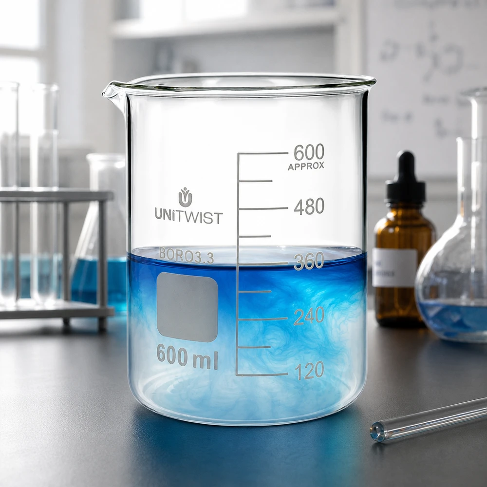 Bicchiere da laboratorio UNiTWIST da 600 ml, forma bassa, in vetro Boro3.3 con beccuccio, da banco di laboratorio