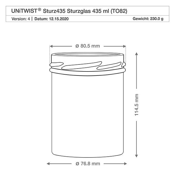 UNiTWIST Sturz435 - Bicchieri capacità 435ml TO82 Disegno tecnico UNiTWIST Sturz435 vaso per conserve 435ml con dimensioni Diametro 80,5mm Altezza 114,5mm TO82