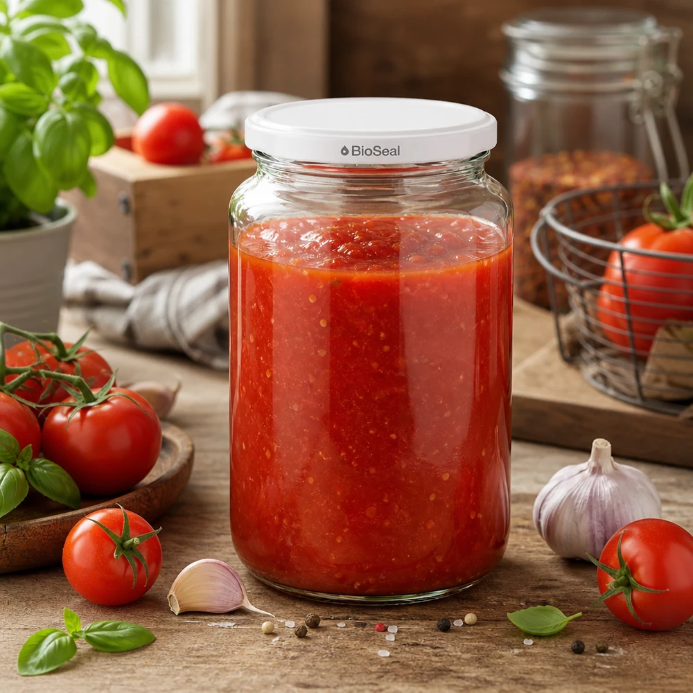 UNiTWIST Runda382 con coperchio bianco TO66 BioSeal UNiTWIST Runda382 mit hausgemachter Tomatensauce - frische Pasta-Sauce im BioSeal Einmachglas für Küchen-Vorrat