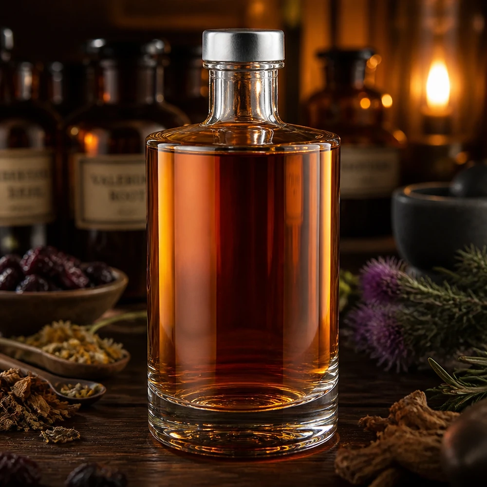 Bottiglia in vetro Sam da 375 ml con riempimento ambrato e tappo a vite argentato in un ambiente rustico con prodotti botanici.