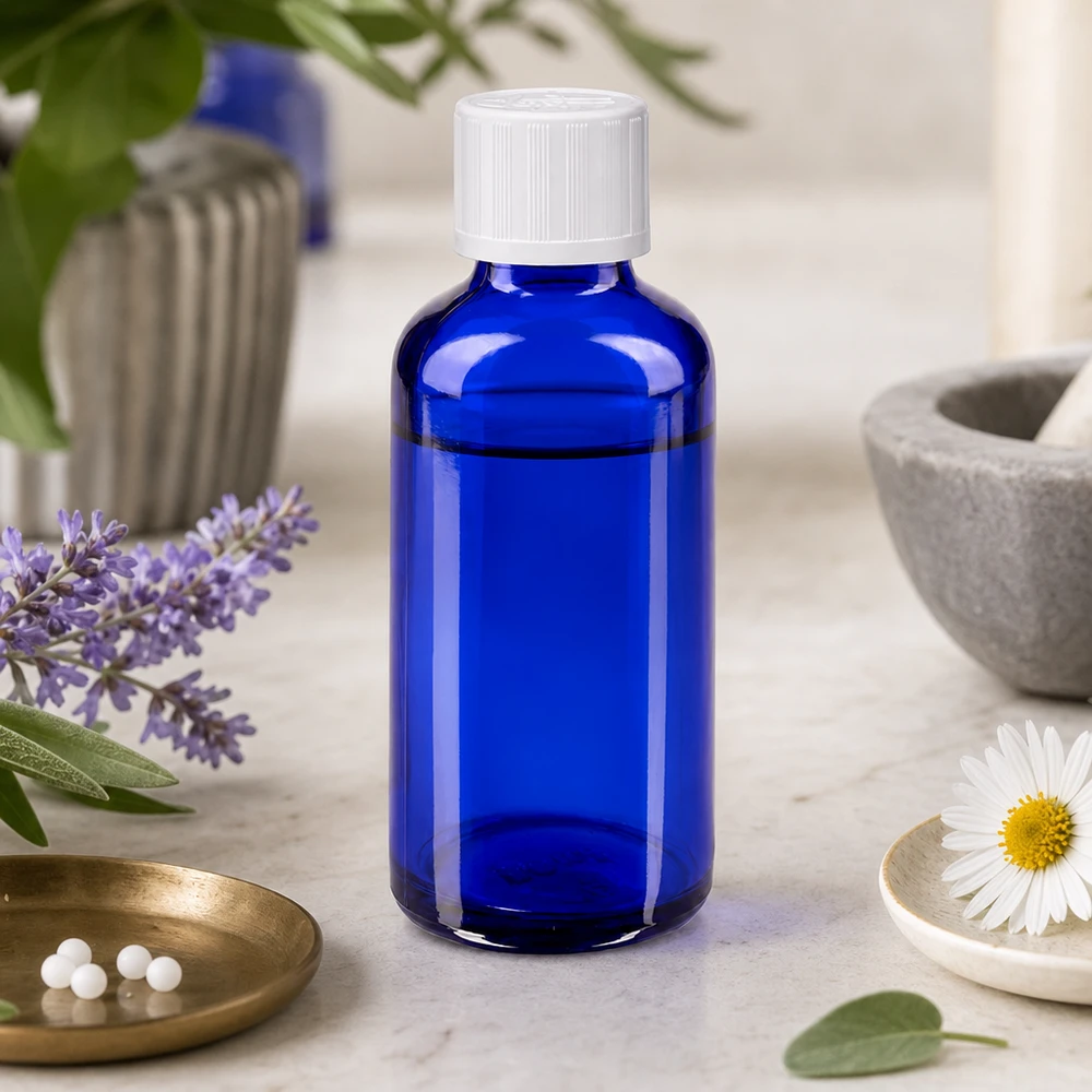 Flacone da farmacia blu da 50 ml con tappo bianco a prova di bambino, accanto a camomilla e lavanda
