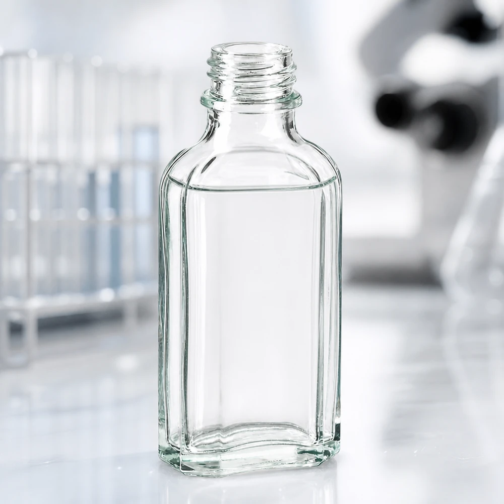 Flacone Meplat piatto da 50 ml, trasparente, con la caratteristica forma rettangolare in vetro e collo a vite DIN22