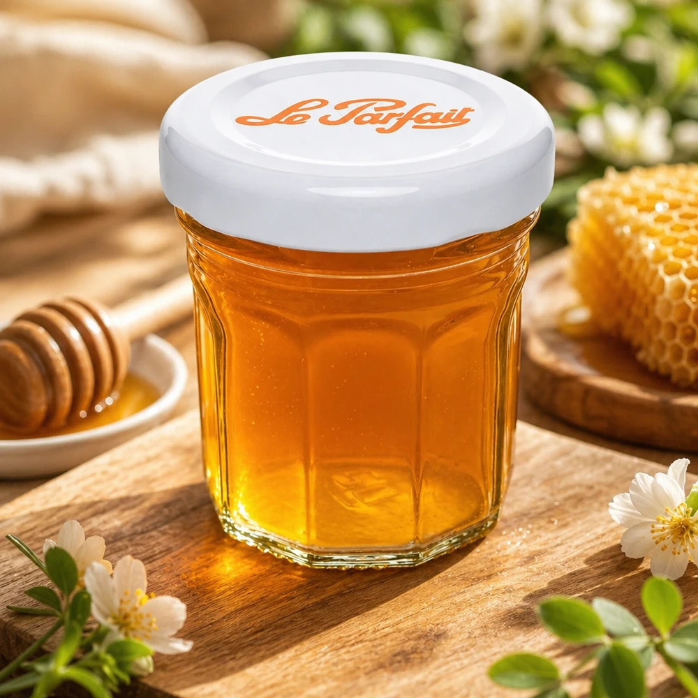 Mini tumbler Le Parfait da 44 ml riempiti di miele accanto a favo e cucchiaio di miele su tavolo di legno con decorazione floreale