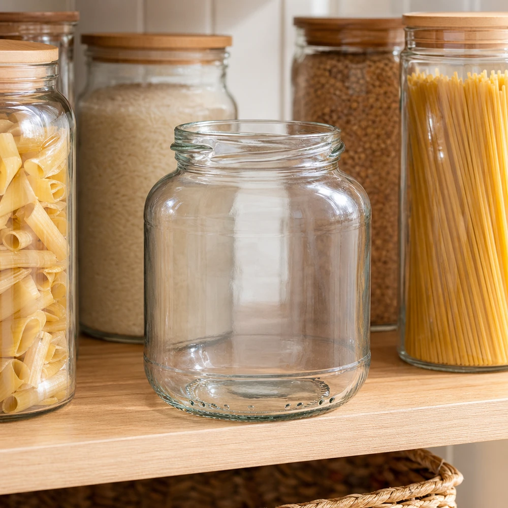 UNiTWIST Oval370 - Vaso ovale capacità 370ml TO66 UNiTWIST Oval370 vaso da conserva 370ml vuoto su un ripiano di legno tra vasi da conserva pieni di pasta e cereali