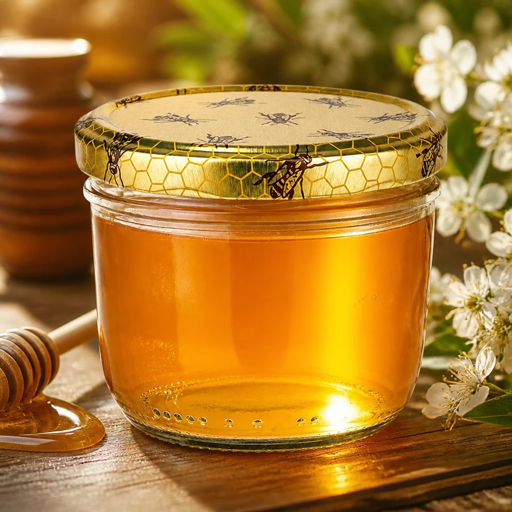 Barattolo di vetro da 230 ml + coperchio BasicSeal a nido d'ape UN. Vasetto di vetro da 230 ml con coperchio a nido d'ape pieno di miele dorato accanto a cucchiaio da miele e fiori bianchi su tavolo di legno