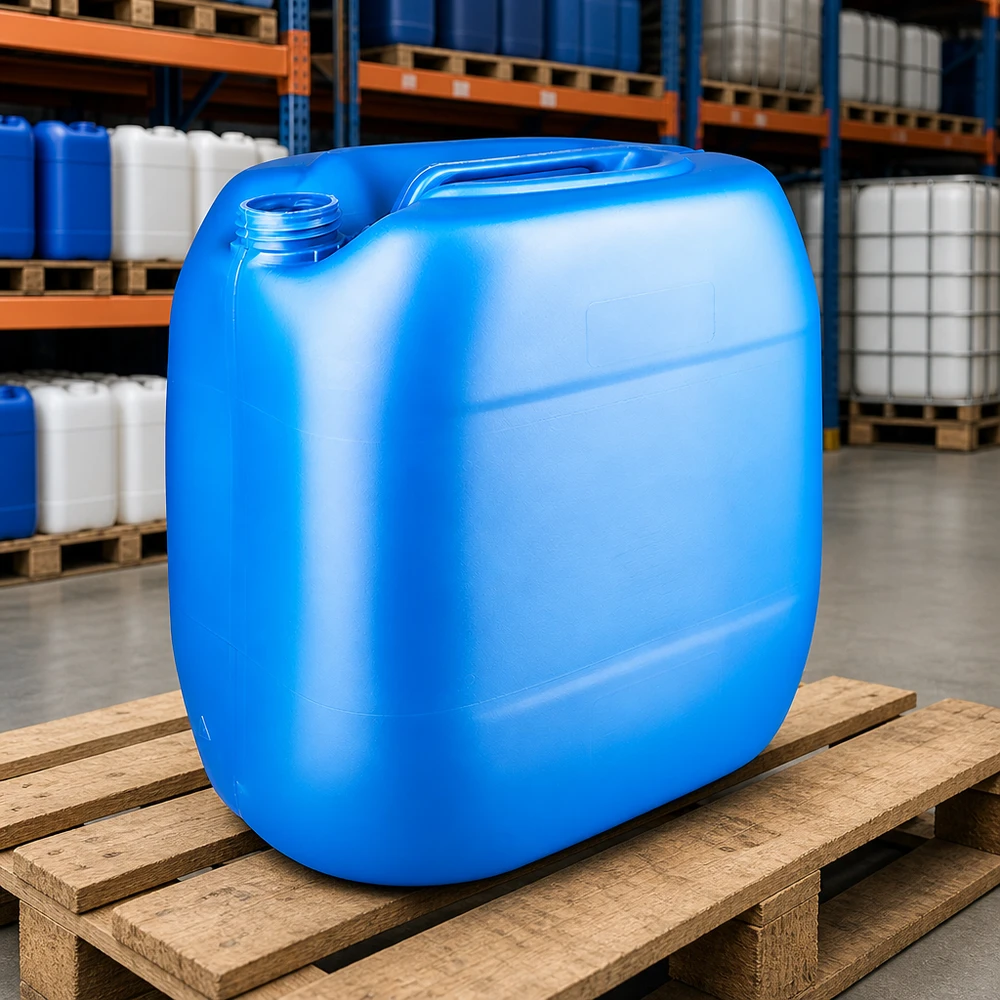 Tanica 30 litri blu senza tappo Tanica blu impilabile da 30 litri senza tappo, in HDPE, su uno scaffale di magazzino