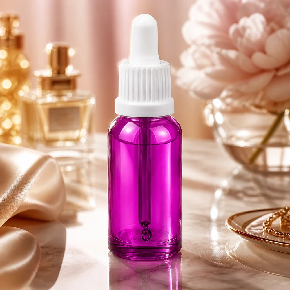 Flacone per pipette da 20 ml bianco Originality con tappo a vite PurpleLine UT18/20 Elegante flacone in vetro viola da 20 ml con contagocce per essenze di bellezza di alta qualità