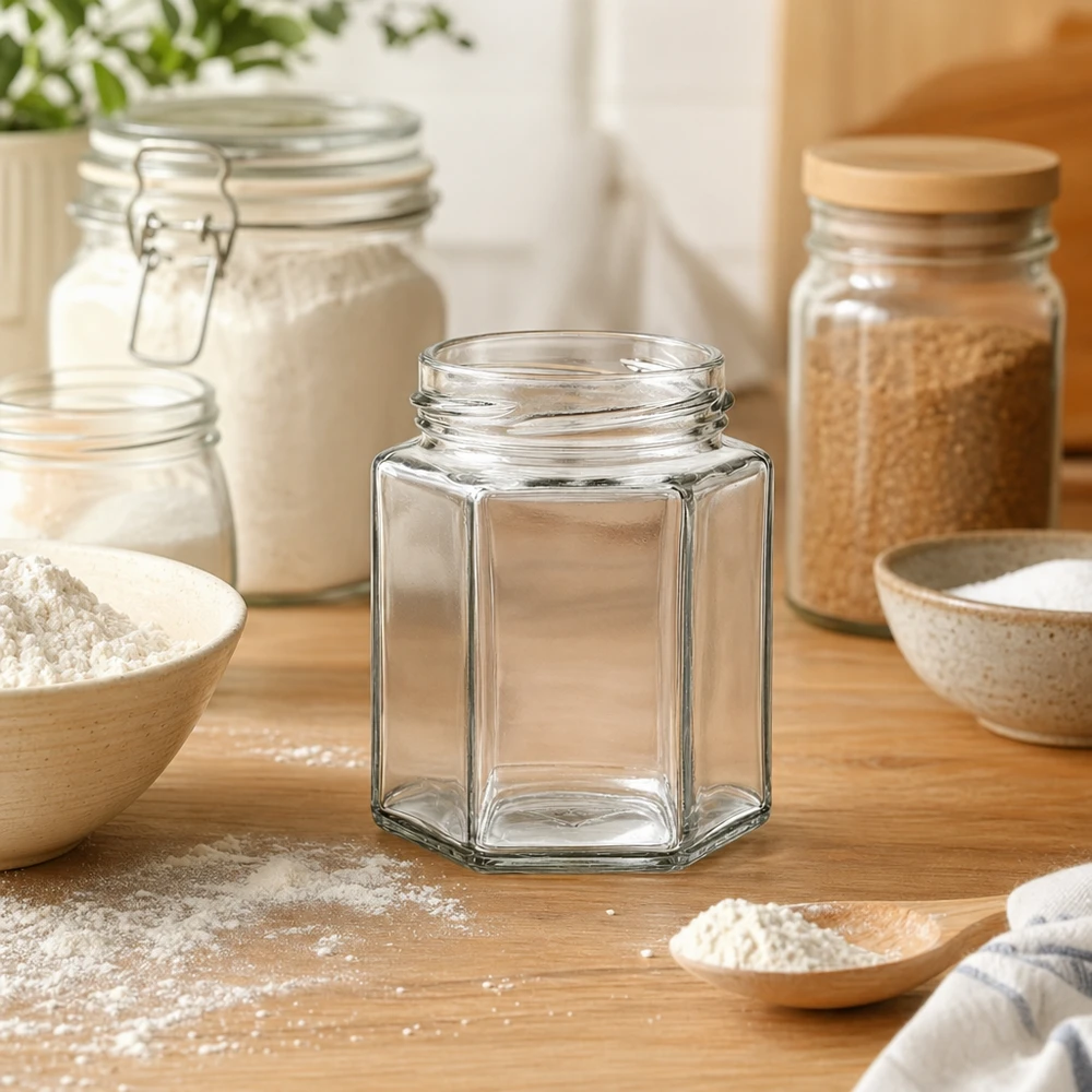 UNiTWIST Hexa196 - Vaso a 6 angoli capacità 196ml TO58 UNiTWIST Hexa196 vaso esagonale 196ml TO53 filo vuoto su tavolo di legno in cucina moderna con vasi di stoccaggio