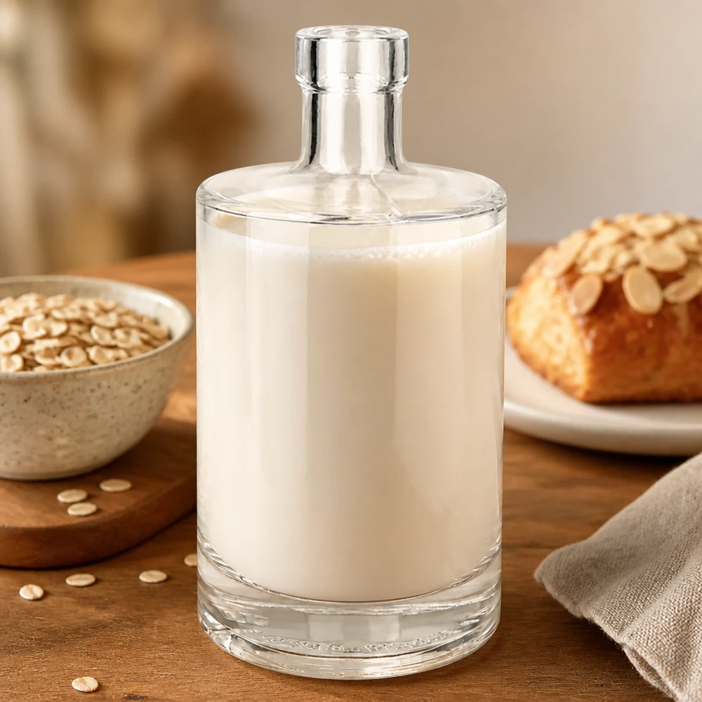 Bottiglia in vetro da 500 ml Marie senza tappo UNiTWIST® Bottiglia di vetro da 500 ml Marie riempita con latte d'avena insieme a fiocchi d'avena e pane mostra la versatilità delle alternative al latte