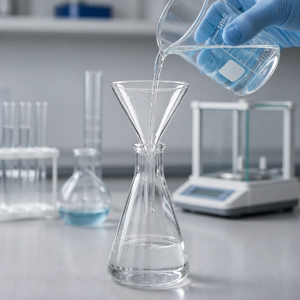 Imbuto Ø 55mm in borosilicato angolo 60 corto Imbuto corto trasparente da 55 mm in borosilicato resistente al calore per applicazioni di laboratorio