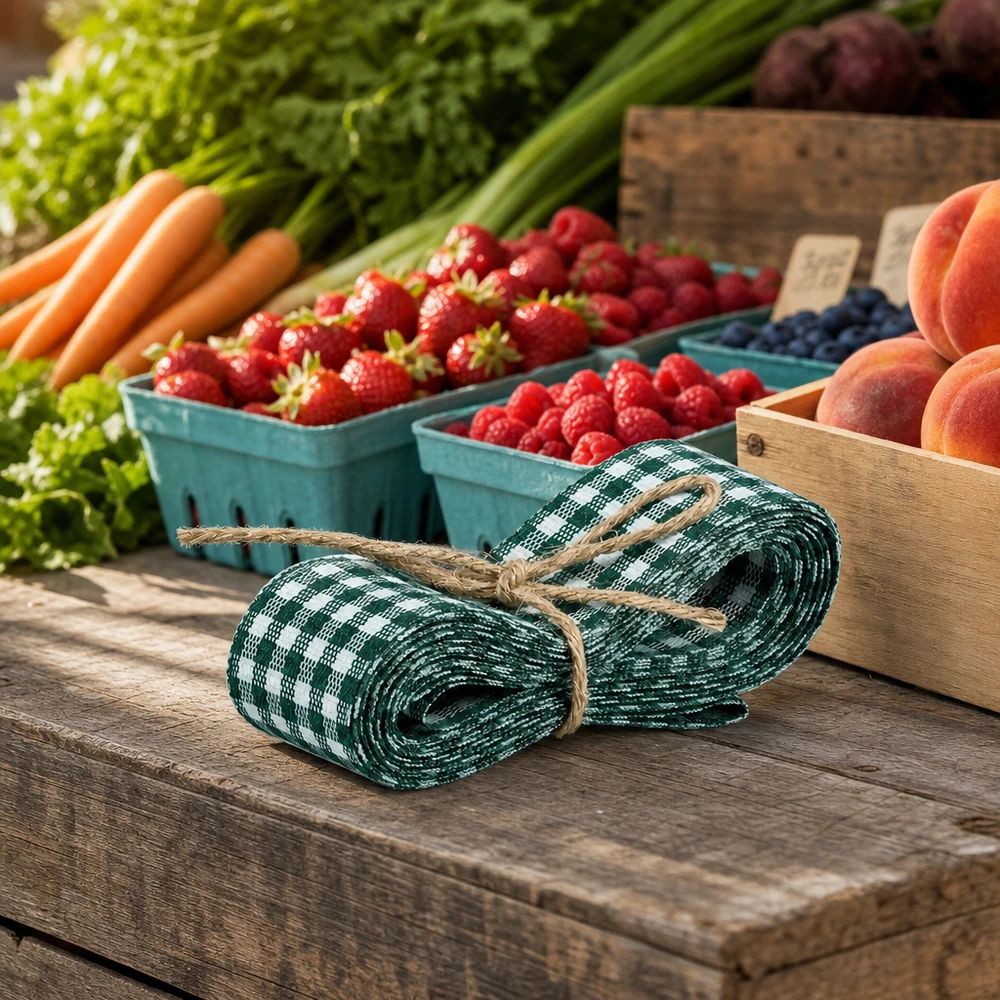 Nastro in tessuto verde e bianco di 300 cm su tavolo di legno con bacche fresche, carote e pesche per la decorazione di una bancarella di mercato