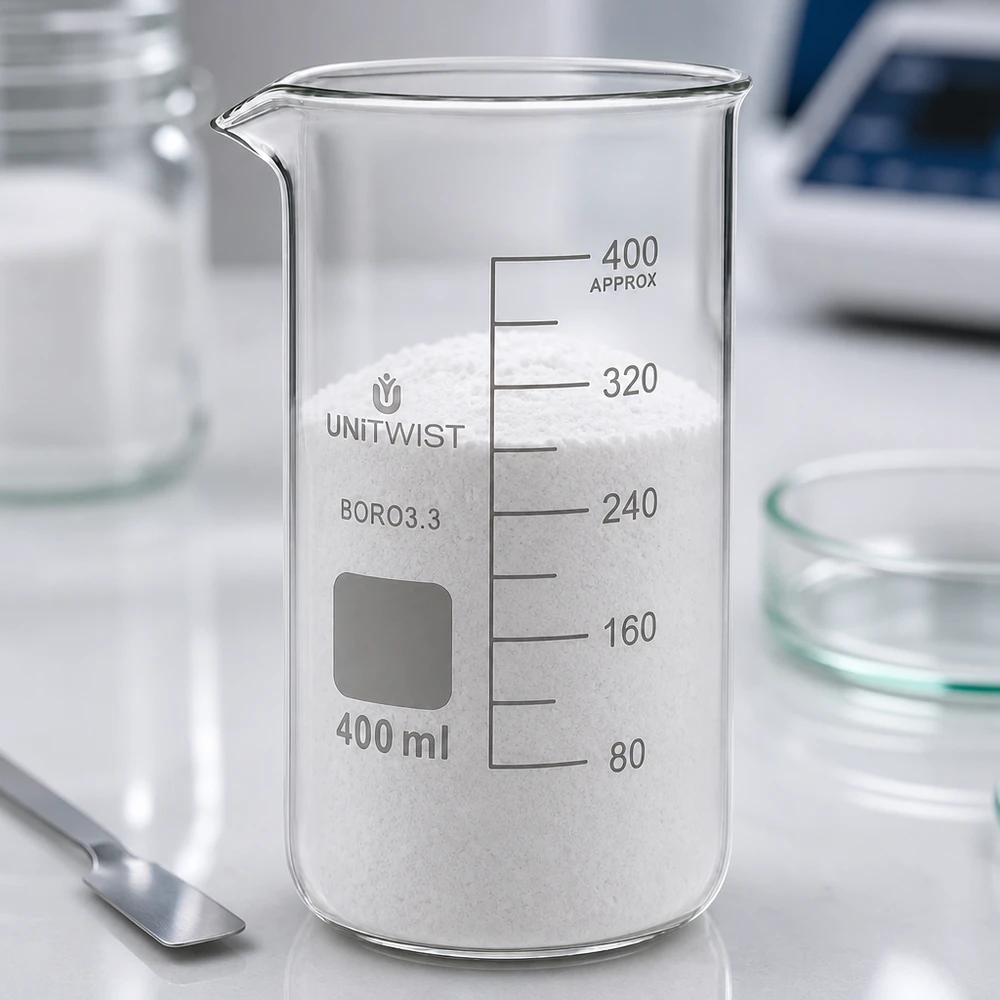 Becher da 400 ml, forma alta, riempito di polvere bianca su un tavolo da laboratorio UNITWIST in borosilicato