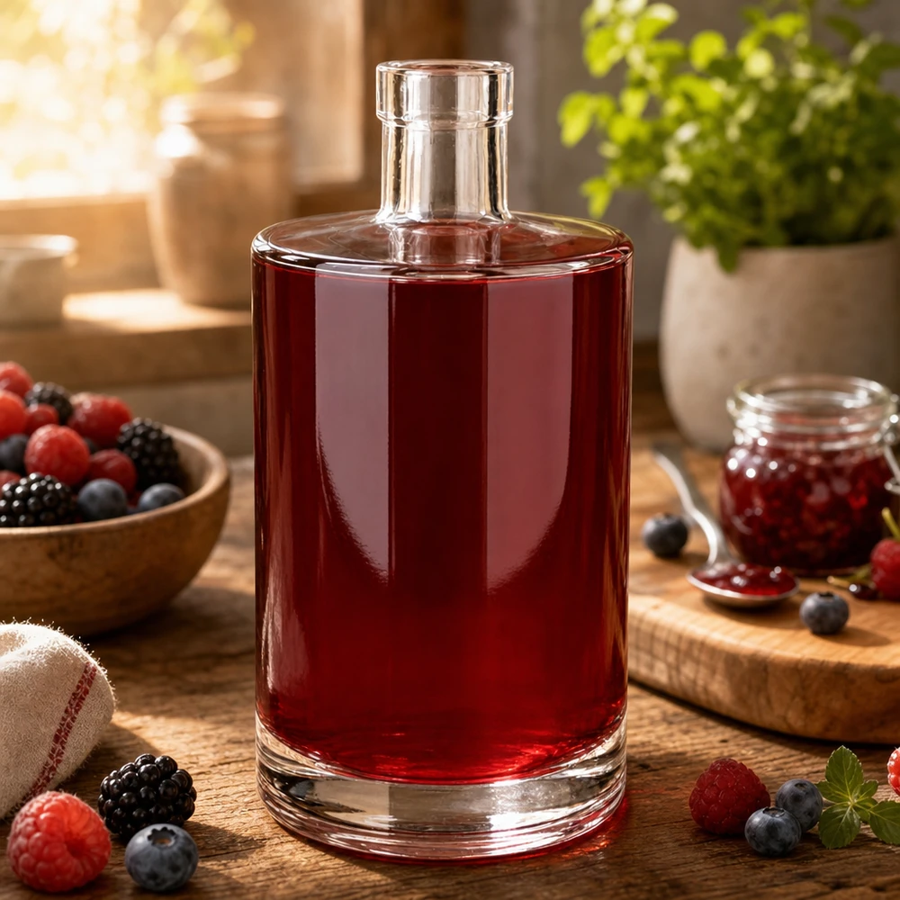 Bottiglia in vetro da 700 ml Marie senza tappo UNiTWIST® 700ml Glasflasche Marie mit rötlichem Beerensaft befüllt umgeben von frischen Beeren auf rustikalem Holztisch