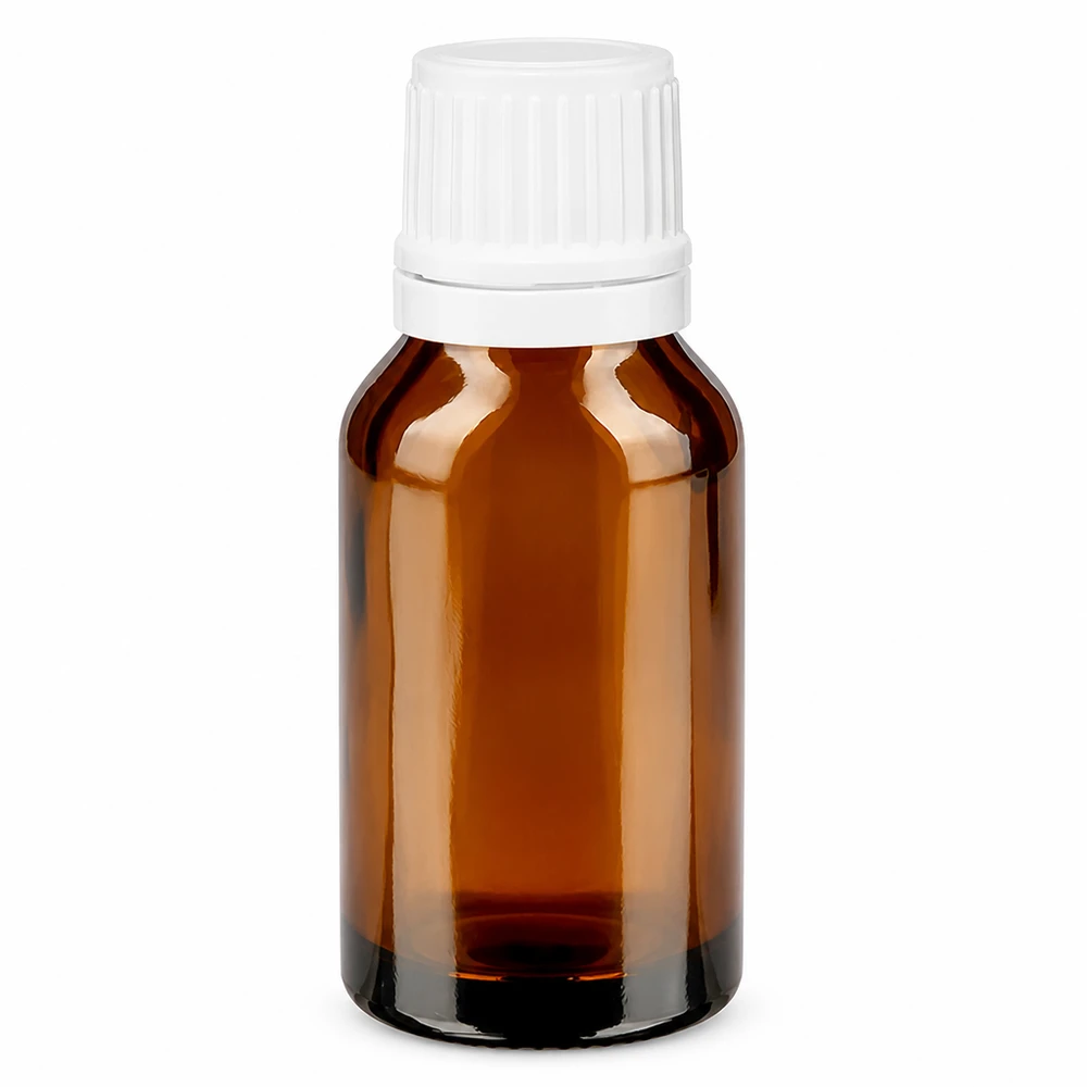Flacone da farmacia marrone da 15 ml con tappo di sicurezza bianco e contagocce in vetro da 1,2 mm