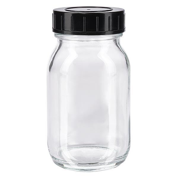 Bottiglia a collo largo da 100 ml in vetro trasparente con tappo a vite