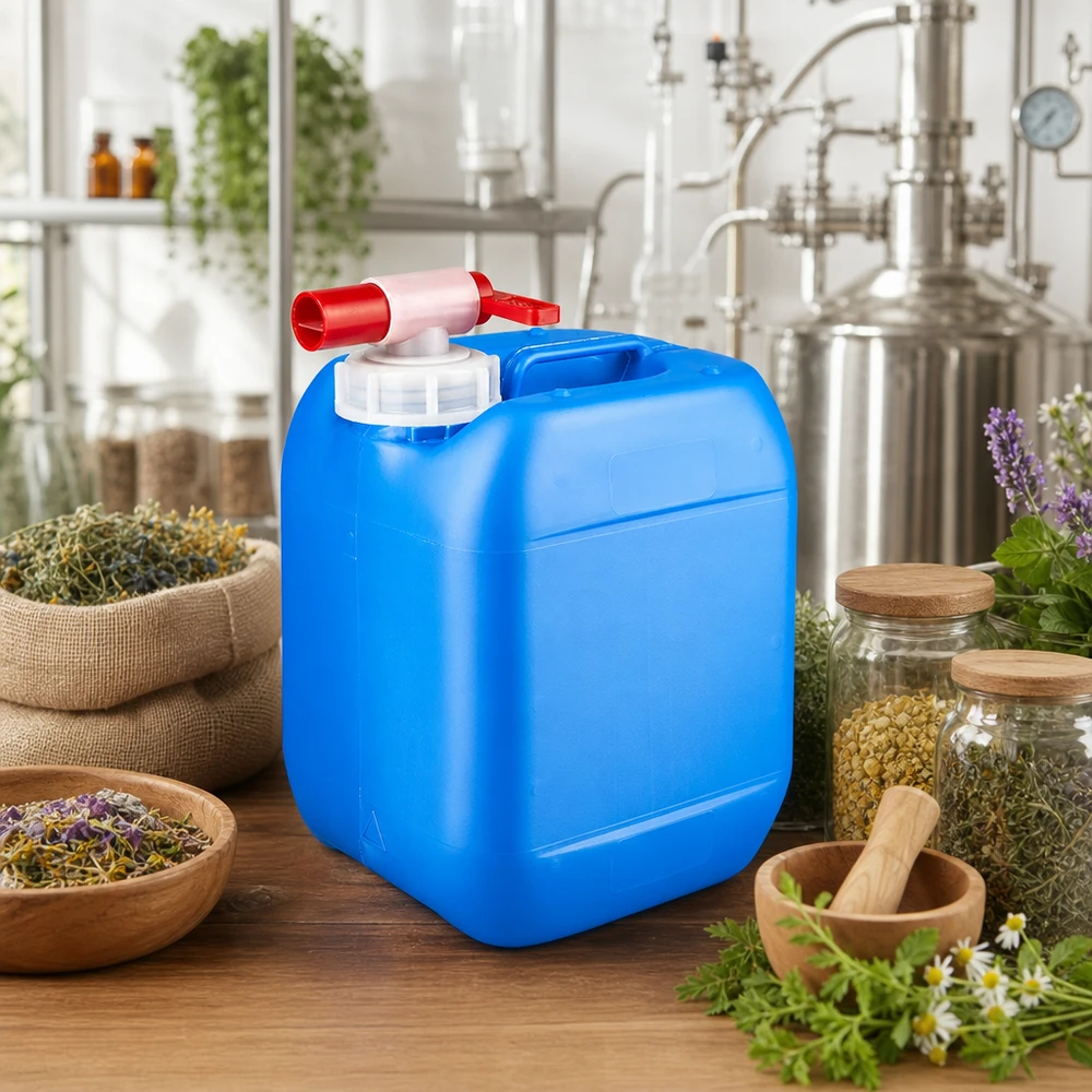 Tanica 5 litri blu con rubinetto di scarico Tanica compatta da 5 litri di colore blu con rubinetto di scarico, circondata da erbe medicinali e da un impianto di distillazione