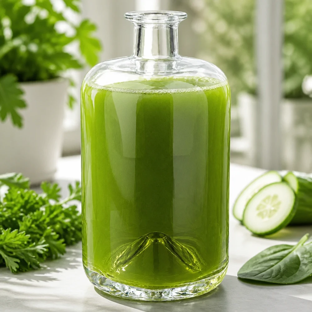 Flacone farmaceutico da 700 ml Sofia senza tappo UNiTWIST® Bottiglia di vetro da 700 ml Sofia riempita di frullato verde accanto a cetrioli prezzemolo e spinaci scena di sana alimentazione