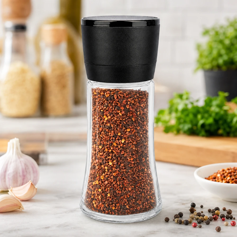Mulino nero Vario su un contenitore di vetro trasparente da 95 ml, riempito con fiocchi di peperoncino rosso, in un ambiente da cucina