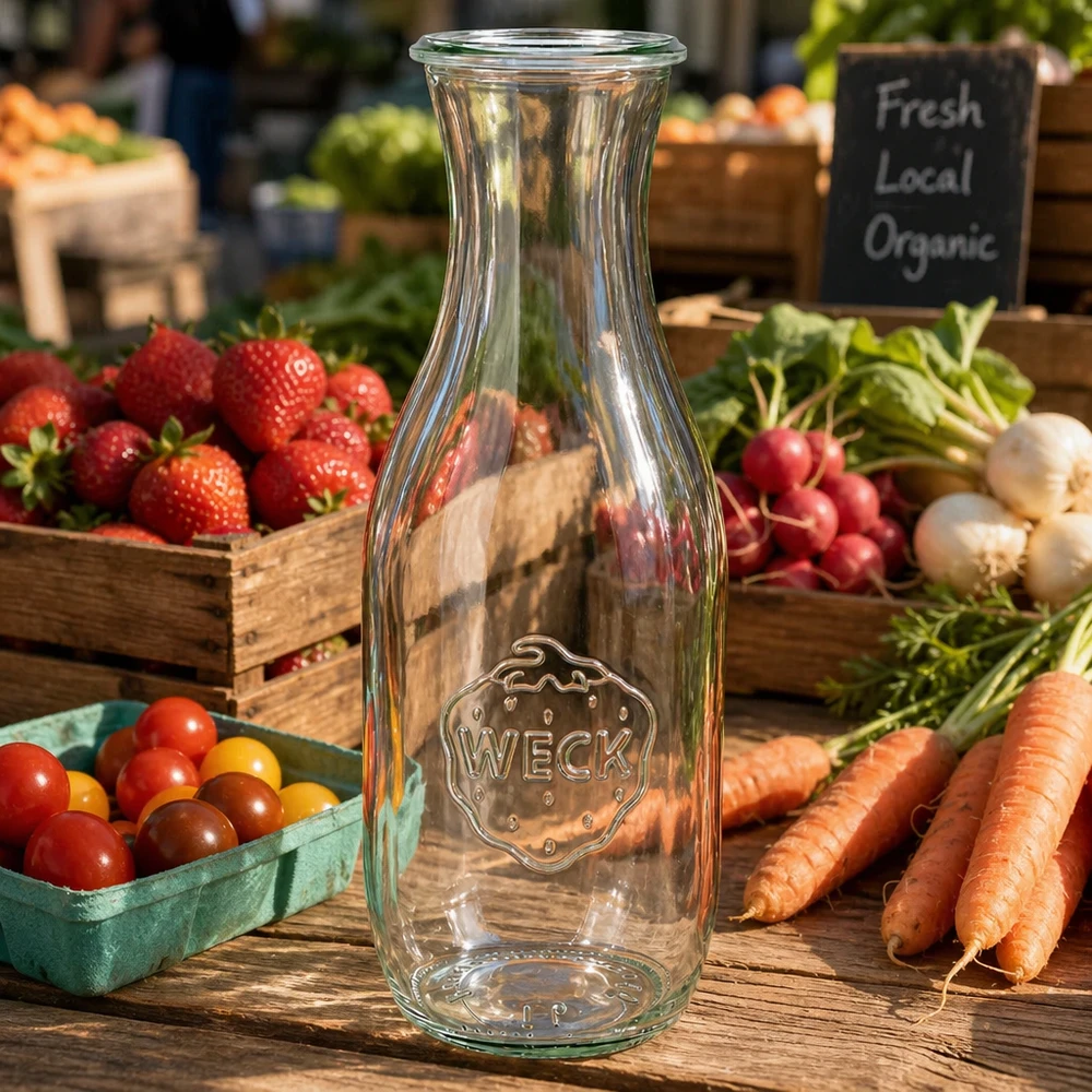 Bottiglia di succo WECK 1062ml RR60 su tavolo di legno con verdure fresche del mercato carote ravanelli pomodori e cartello biologico