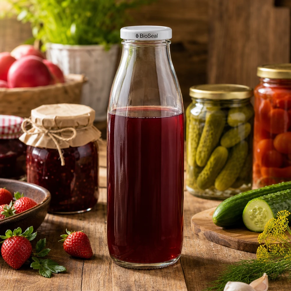 Bottiglia di vetro da 500 ml + coperchio BioSeal bianco UN.. Bottiglia di vetro da 500 ml riempita di succo rosso, coperchio BioSeal bianco, circondata da barattoli di conserva e cetrioli freschi.