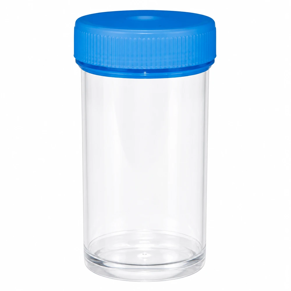Contenitore in plastica sterile da 50 ml con coperchio blu a nervature per una conservazione sicura dei campioni