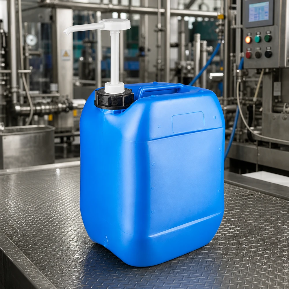 Tanica 10 litri blu con pompa dosatrice Tanica industriale blu da 10 litri con pompa dosatrice in un moderno impianto di produzione