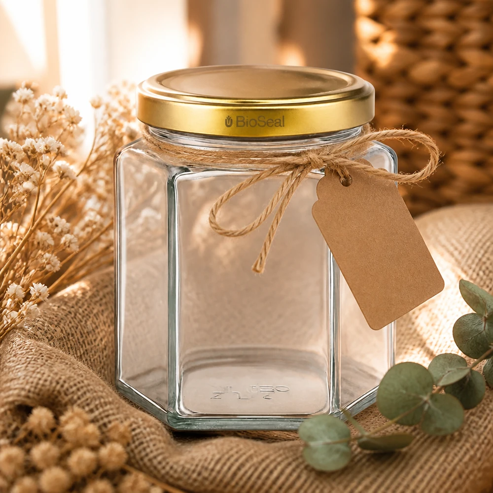 UNiTWIST Hexa390 con coperchio dorato TO70 BioSeal UNiTWIST Hexa390 barattolo di vetro vuoto con coperchio BioSeal dorato e etichetta regalo in una scena decorativa naturale
