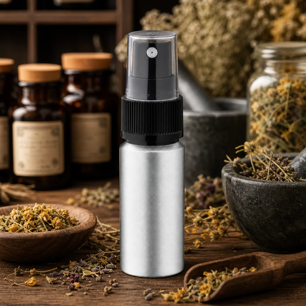 Flacone in alluminio da 20 ml resistente alla corrosione con spruzzatore a pompa per estratti di erbe
