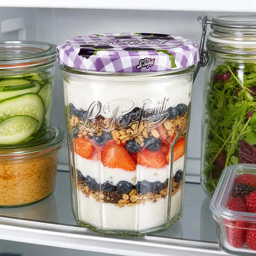 I tumbler Le Parfait da 385 ml con il parfait di yogurt e frutti di bosco in frigorifero mostrano l'uso versatile come barattolo di conservazione
