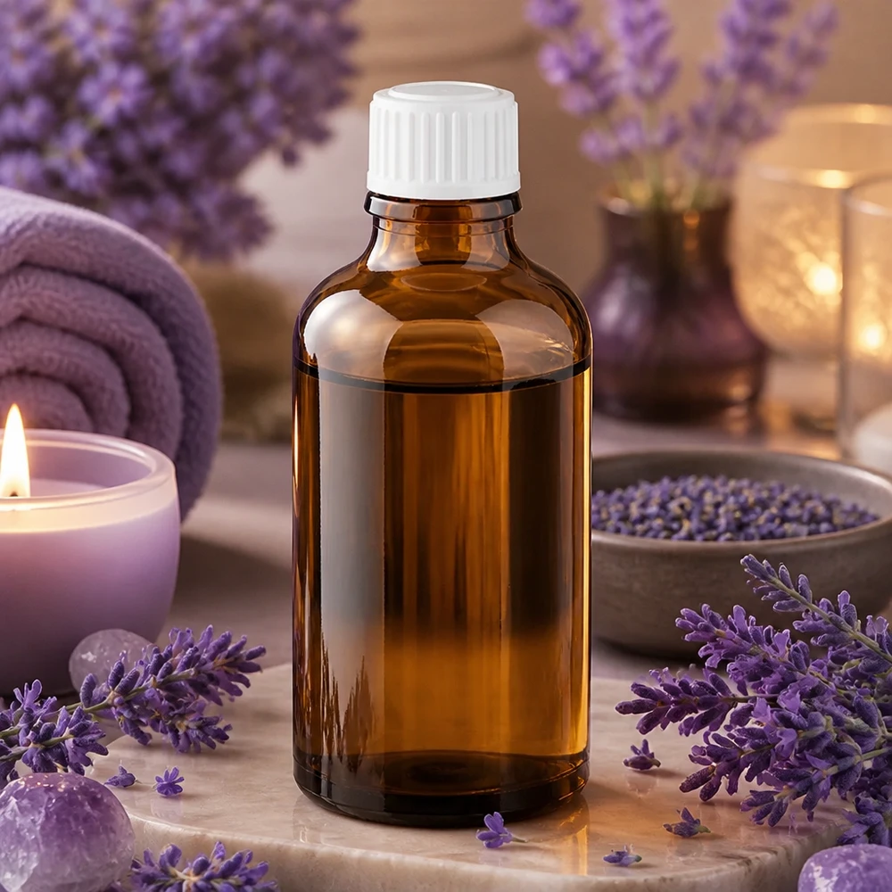Flacone contagocce marrone da 50 ml STD bianco/0,9 mm ApoGlas Flacone contagocce da 50 ml in vetro da farmacia, marrone, con tappo STD bianco, tra fiori di lavanda e una candela