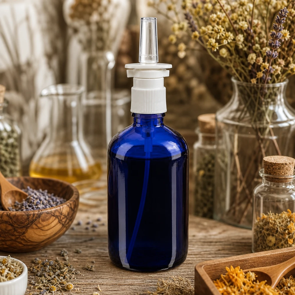 100ml ble. Flacone spray nasale bianco/tr. STD ApoGlas Flacone di vetro da farmacia blu da 100 ml con beccuccio per spray nasale, tra erbe essiccate e piante medicinali