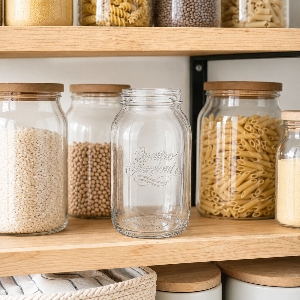 Bicchiere da 1500ml per uso domestico "Quattro Stagioni Barattolo domestico Quattro Stagioni da 1500 ml vuoto su una mensola di legno accanto a barattoli pieni di pasta e legumi