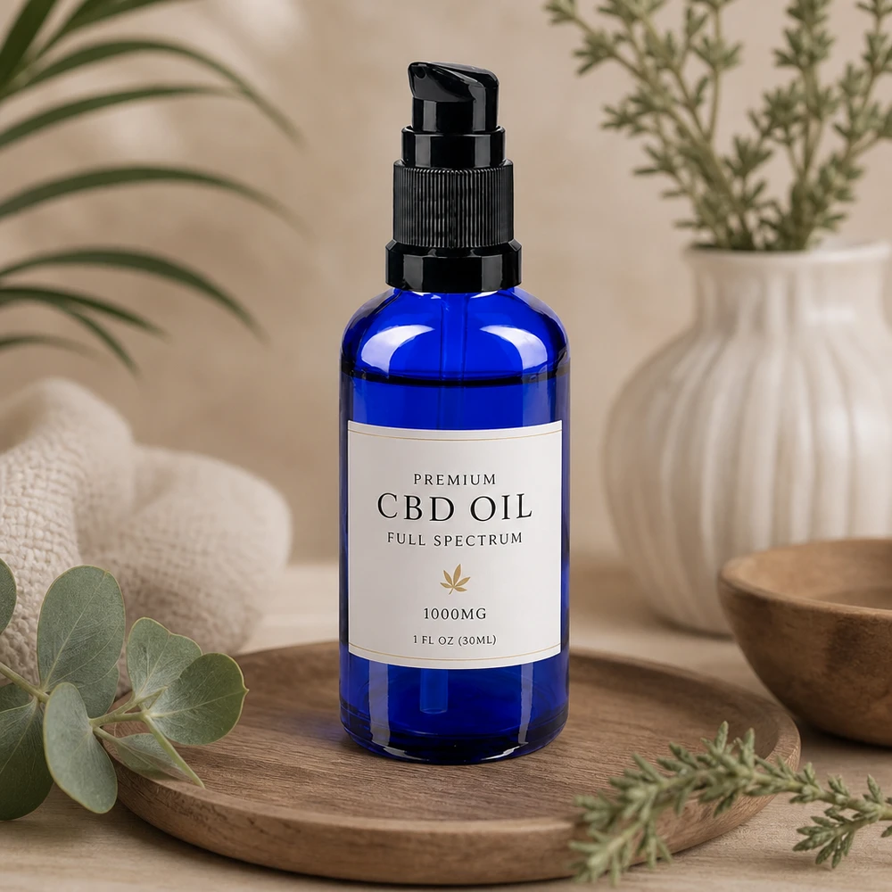 Flacone di vetro blu da 30 ml con dosatore a pompa nero per olio CBD Premium a spettro completo